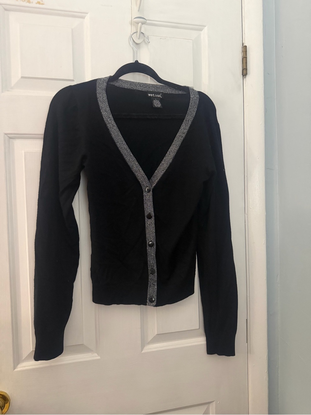 Vintage Y2K Wet Seal Black Silver Metallic Trim Cardigan Size Large Flawed